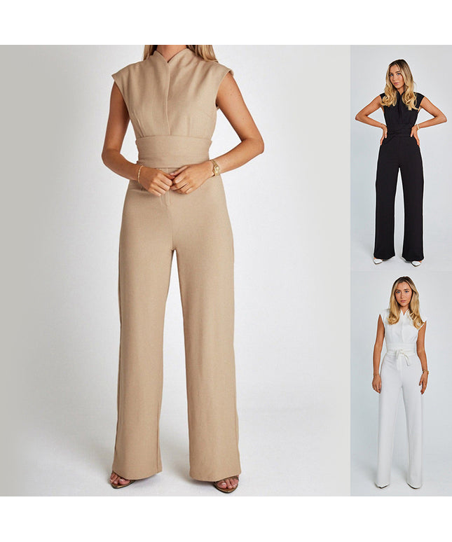 Fashion Elegant Long Sleeveless Jumpsuit Summer V-neck Casual Wide Leg Long Overalls Clothing For Women