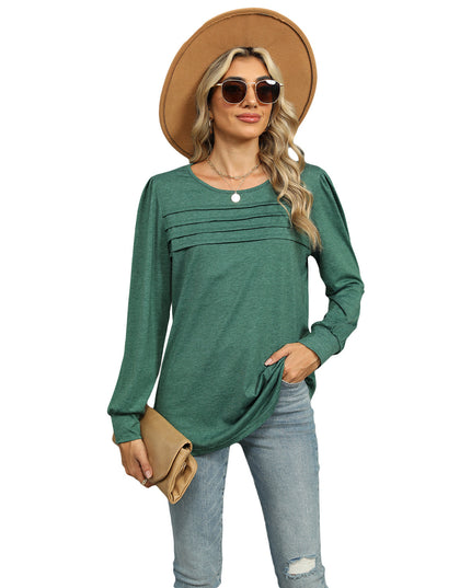 Solid Color U-neck Pleated Long-sleeved T-shirt Top For Women