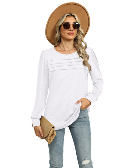 Solid Color U-neck Pleated Long-sleeved T-shirt Top For Women