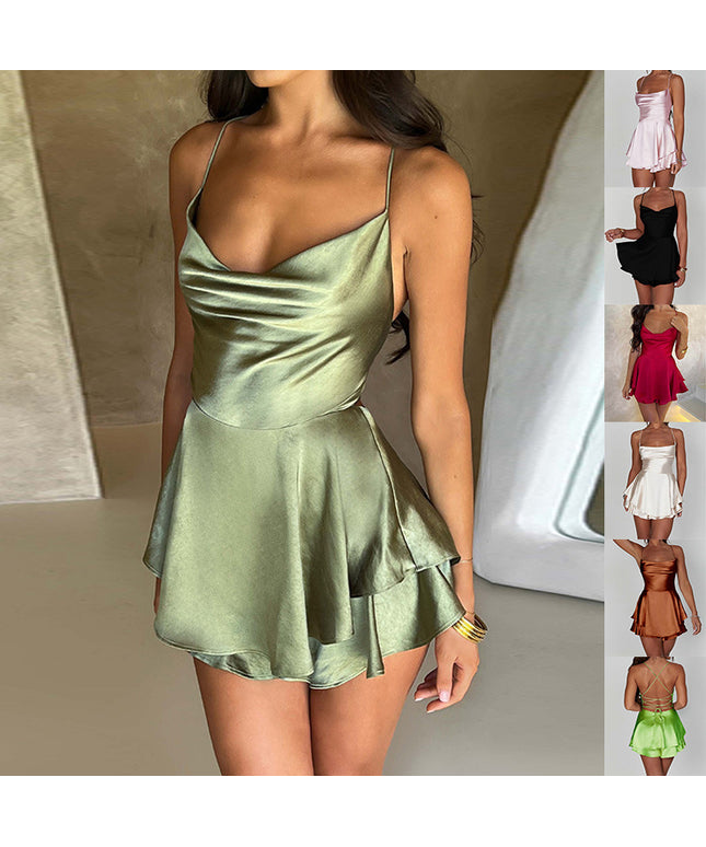 Sexy Suspender Skirt For Women Elegant Slim Strap Satin Backless Lace Up A-Line Short Dress Lady
