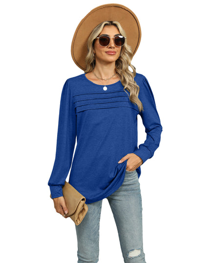 Solid Color U-neck Pleated Long-sleeved T-shirt Top For Women