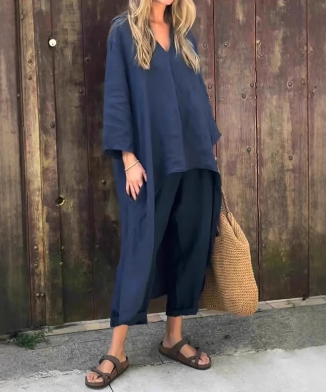 2pcs Long-sleeved Suits Loose V-neck Long Top And High Waist Wide Leg Pants With Pockets Women's Clothing