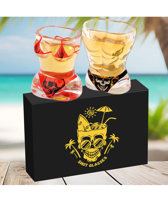2 Pieces, Black Muscle Men's And Red Bikini Skull Style Glass Small Wine Glasses Bar Tools Christmas Gift, Halloween Gift, Birthday Gift, Company Party Gift, Universal Gift