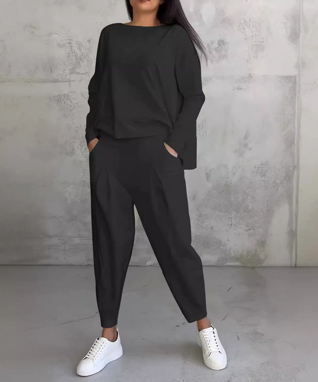 Women's Irregular Suit Long-sleeved Round Neck Top And Loose Harem Pants With Pockets Ins Fashion Trousers Set Women's Clothing