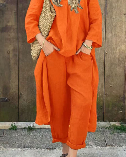 2pcs Long-sleeved Suits Loose V-neck Long Top And High Waist Wide Leg Pants With Pockets Women's Clothing