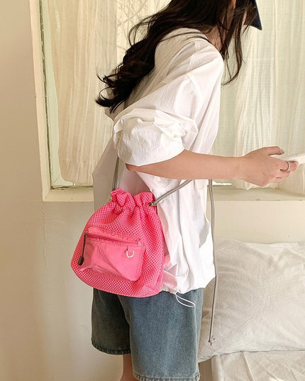Small Mesh Drawstring Bucket Bag Fashion Cute Messenger Shoulder Bags For Women