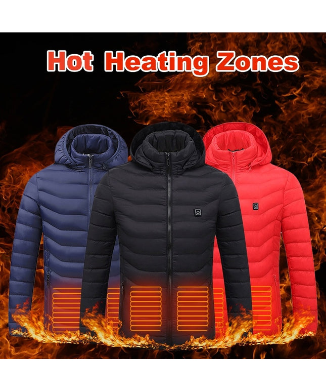 Men Heated Puffer Jacket Electric Heating Coat Insulated Hood Windbreaker 9Heat Zones