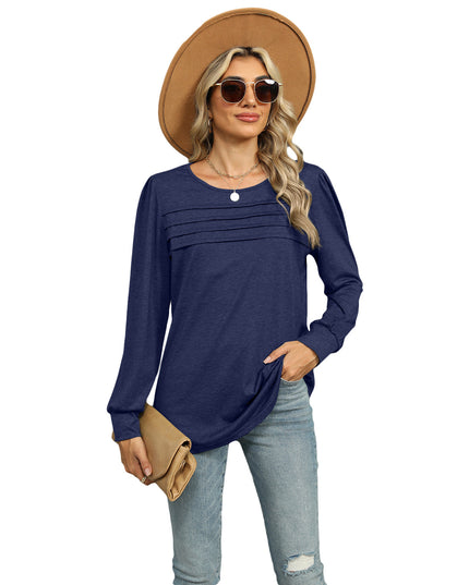 Solid Color U-neck Pleated Long-sleeved T-shirt Top For Women
