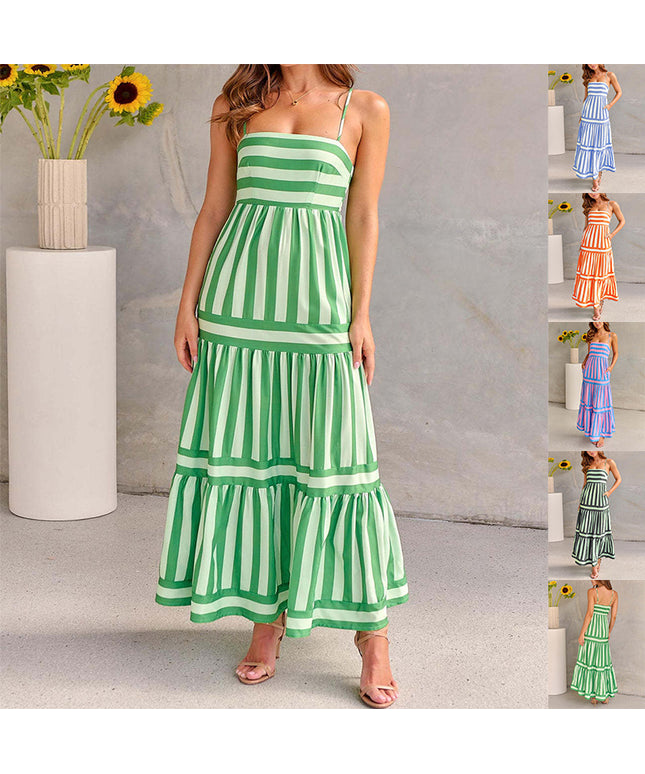 Summer Striped Printed Suspender Long Dress With Pockets Fashion Square Neck Backless Dresses For Beach Vacation Women Clothing