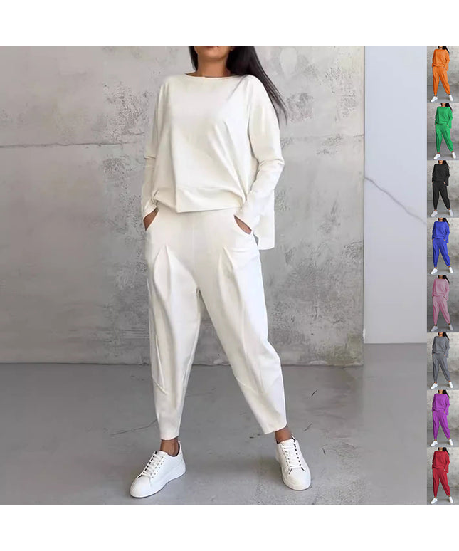 Women's Irregular Suit Long-sleeved Round Neck Top And Loose Harem Pants With Pockets Ins Fashion Trousers Set Women's Clothing