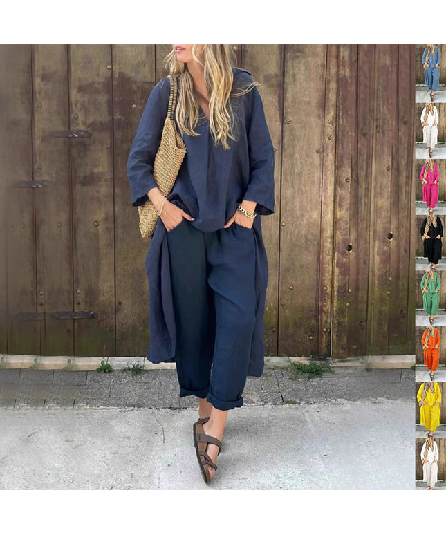 2pcs Long-sleeved Suits Loose V-neck Long Top And High Waist Wide Leg Pants With Pockets Women's Clothing
