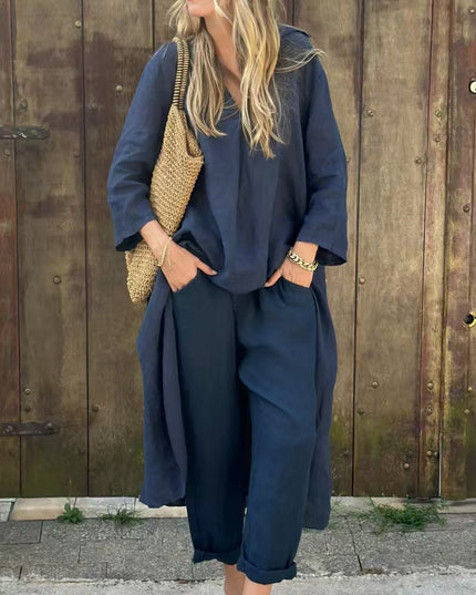 2pcs Long-sleeved Suits Loose V-neck Long Top And High Waist Wide Leg Pants With Pockets Women's Clothing