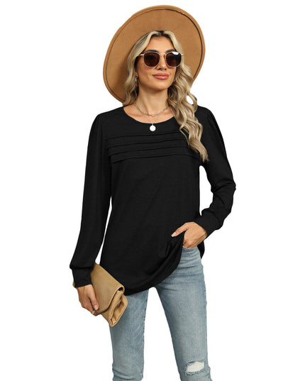 Solid Color U-neck Pleated Long-sleeved T-shirt Top For Women