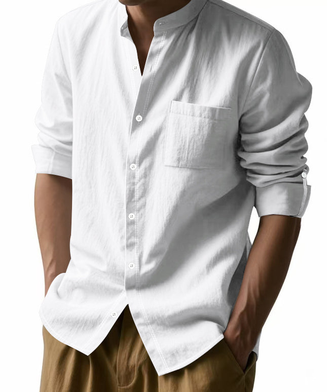 Long Sleeve Stand Collar Shirt With Pockets Casual Men's Clothing