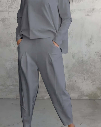 Women's Irregular Suit Long-sleeved Round Neck Top And Loose Harem Pants With Pockets Ins Fashion Trousers Set Women's Clothing