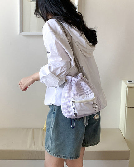 Small Mesh Drawstring Bucket Bag Fashion Cute Messenger Shoulder Bags For Women