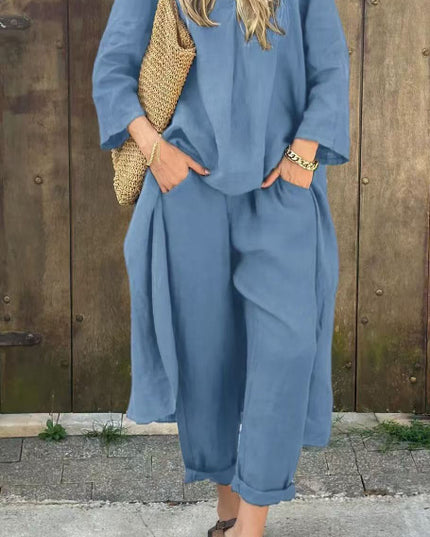 2pcs Long-sleeved Suits Loose V-neck Long Top And High Waist Wide Leg Pants With Pockets Women's Clothing