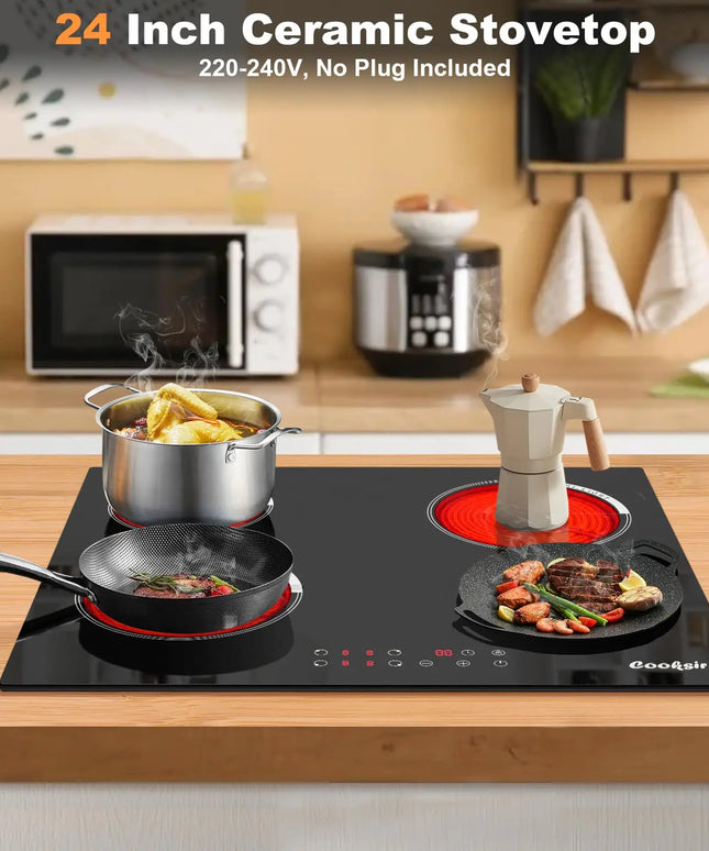 Cooksir 4 Burner 24 Inch Electric Cooktop，Timer, Kids Safety Lock, 9 Heating Level, 220V Hard Wired(No Plug)，Drop-in 220V-240V