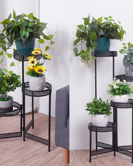 3/4 Tier Metal Plant Stand Indoor Black Tall Flower Pot Holder Display Rack Foldable for Patio Garden Living Room Corner Balcony