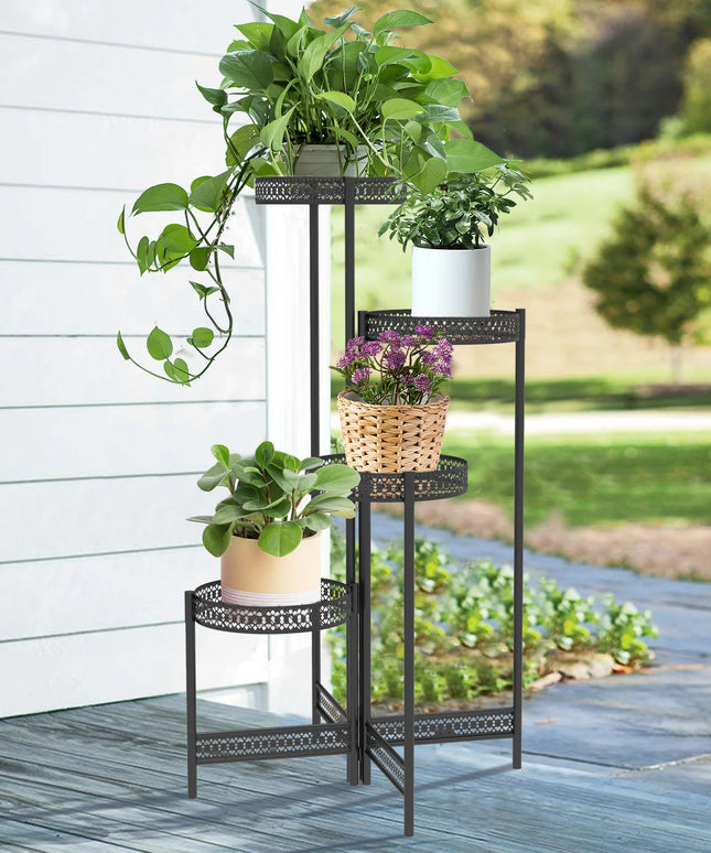 3/4 Tier Metal Plant Stand Indoor Black Tall Flower Pot Holder Display Rack Foldable for Patio Garden Living Room Corner Balcony