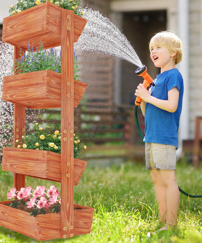 4-Tier Raised Garden Bed, Vertical Flower Pots Rack with Detachable Ladder and Adjustable Shelf, Wooden Elevated Planters Stand