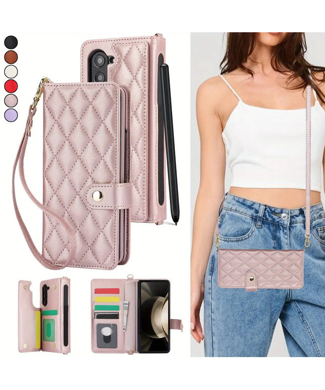 PU Leather Flip Wallet Case For Samsung Galaxy Z Fold 6 5 4 3 5G With Holder Crossbody Wrist Strap Card Slot Stand Phone Cover