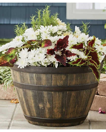 Rustic Whiskey Barrel Planter UV Resistant Brown Plastic Drainage Holes Suitable Indoor Outdoor Gardening Durable Flower Pot