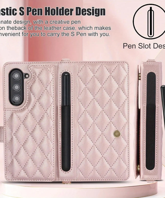 PU Leather Flip Wallet Case For Samsung Galaxy Z Fold 6 5 4 3 5G With Holder Crossbody Wrist Strap Card Slot Stand Phone Cover