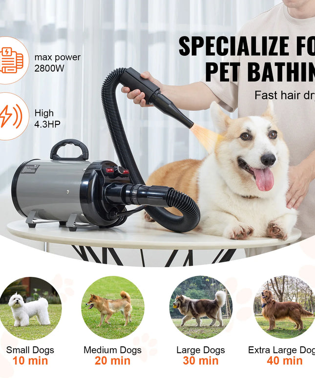 SucceBuy 2000W/2.7HP Dog Blow Dryer Adjustable Speed Temperature Control with 4 Nozzle and Extendable Hose for Pet Hair Grooming