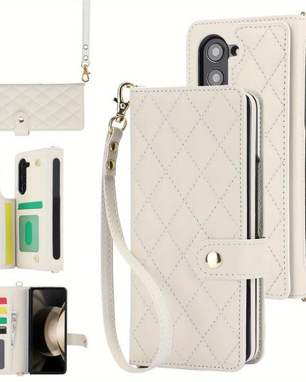 PU Leather Flip Wallet Case For Samsung Galaxy Z Fold 6 5 4 3 5G With Holder Crossbody Wrist Strap Card Slot Stand Phone Cover