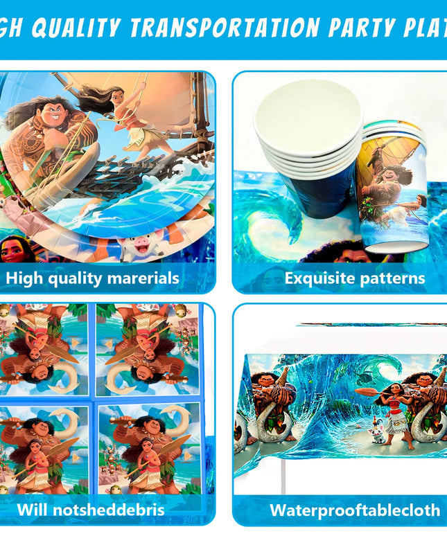 Moana Birthday Party Supplies,85pcs Decorations and Tableware Set-Moana Plates and Napkins Cups Table Cloth Banner Backdrop etc