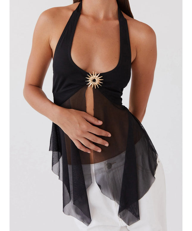 Vintage Lace Trimmed Sleeveless Halter Top with Open Back and Sheer Mesh Detailing for Edgy Street Style Fashionistas
