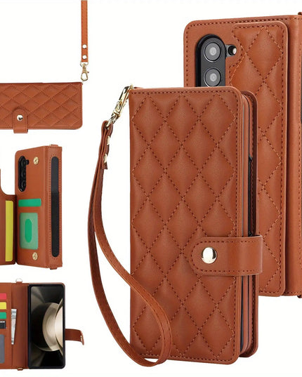 PU Leather Flip Wallet Case For Samsung Galaxy Z Fold 6 5 4 3 5G With Holder Crossbody Wrist Strap Card Slot Stand Phone Cover