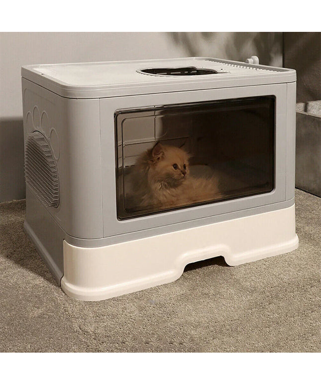 Large Hooded Cat Litter Box Tray Drawer Type Pet Kitty Toilet Top Entry Anti-Splashing Enclosed Potty with Hair Grooming Scoop