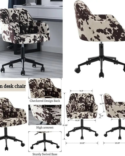 Velvet Cow Print Desk Chair with 360 Swivel, Mid Back Support and Adjustable Height for Office Use