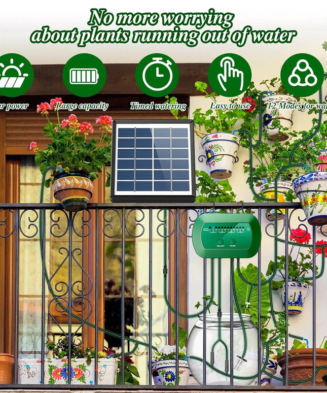 Solar Automatic Watering Kit for Garden Automatic Drip Watering System with 15m Water Hose Automatic Watering Timer for Holidays