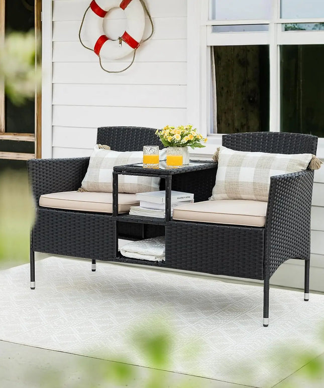 Outdoor Furniture Patio Loveseat Wicker 2-Seat with Built-in Table and Cushions Rattan Porch Chairs Bench for Balcony, Lawn