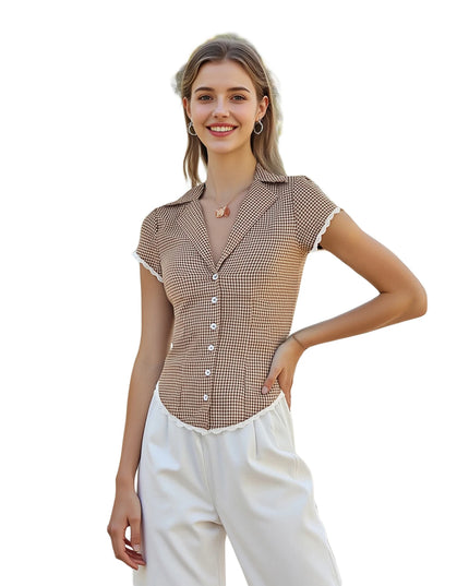 Women s Short Sleeve Plaid Shirt with Lace Trim and Turn Down Collar Button Down Blouse for Summer Casual Wear Streetwear Top