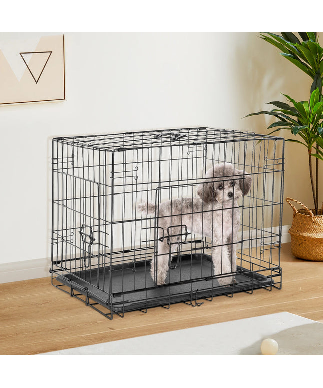 JHK Double Door Folding Metal Wire Dog Cage with Plastic Leak-Proof Pan Tray Extra Large Pet Kennel for Indoor Outdoor Travel