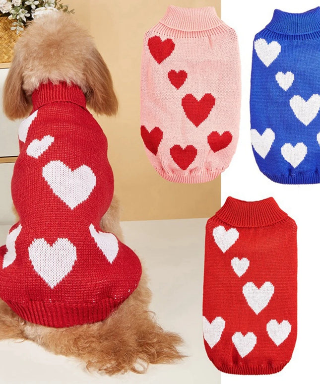 Cute Dog Sweater Heart Pattern Warm Pet Jumper Cat Puppy Coat Jacket Winter Clothes High Collar Knitwear For Cat Small Big Dog