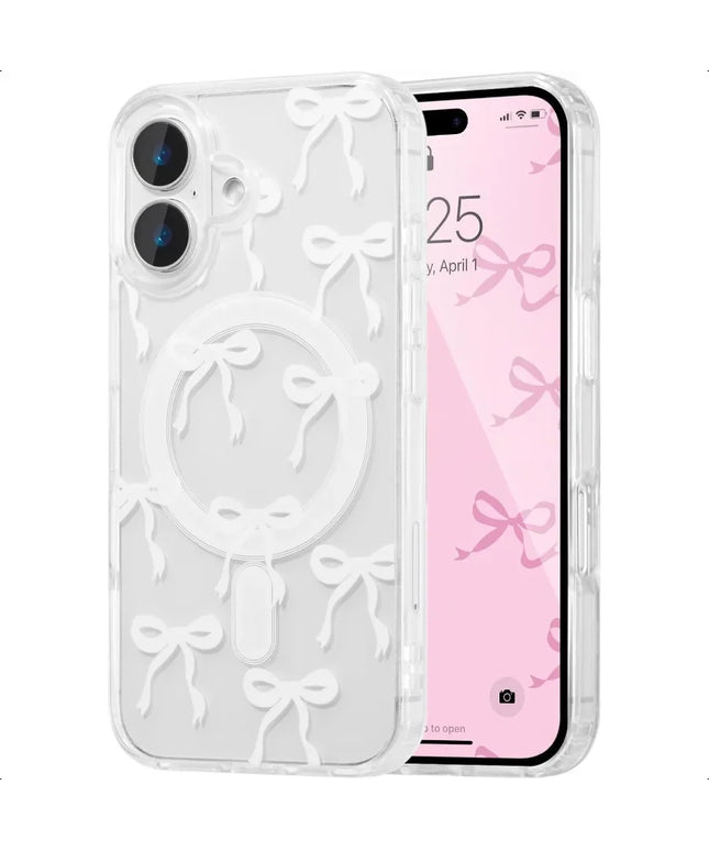 UEEBAI Magnetic for iPhone 16 Case Bow Case Compatible with MagSafe Wirel Slim Clear Ribbon Aesthetic Phone Cover AntiYellowing