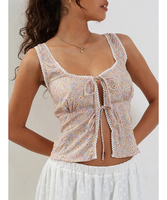 Women s Boho Style Halter Neck Sleeveless Floral Print Tie Front Crop Top Summer Fashion Cami Tank Tops
