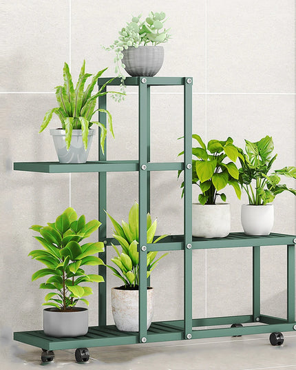 Plant Stand Indoor Outdoor Wrought Iron Multiple Planter Rack Flower Display Organizer with Wheels For Corner Balcony Garden