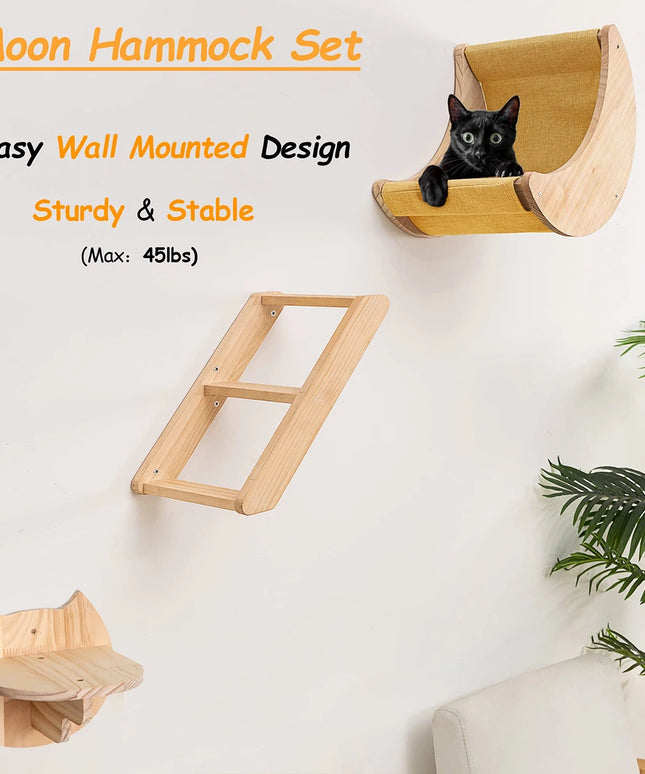 Cat Shelf Wall Hammock Climbing Shelves Moon Shaped And Perches Ladder Solid Wood Steps For Activity Indoor Cats Wall Furniture