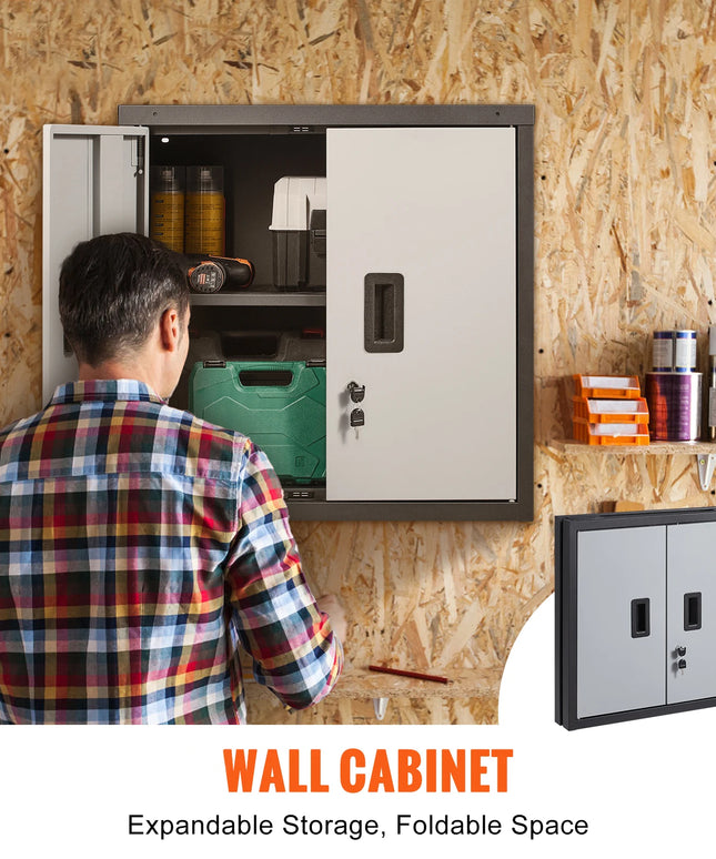 SucceBuy Foldable Wall Cabinet Metal Garage Locker Mounted Tool Chest Adjustable Shelf Magnetic Door for Warehouse Office Home
