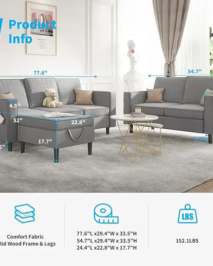 3 Pieces Sectional L Shaped Living Room Sofa Couches Set – 3-Seater 78" Width Small Couch Sofas, Living Room Furniture Sets