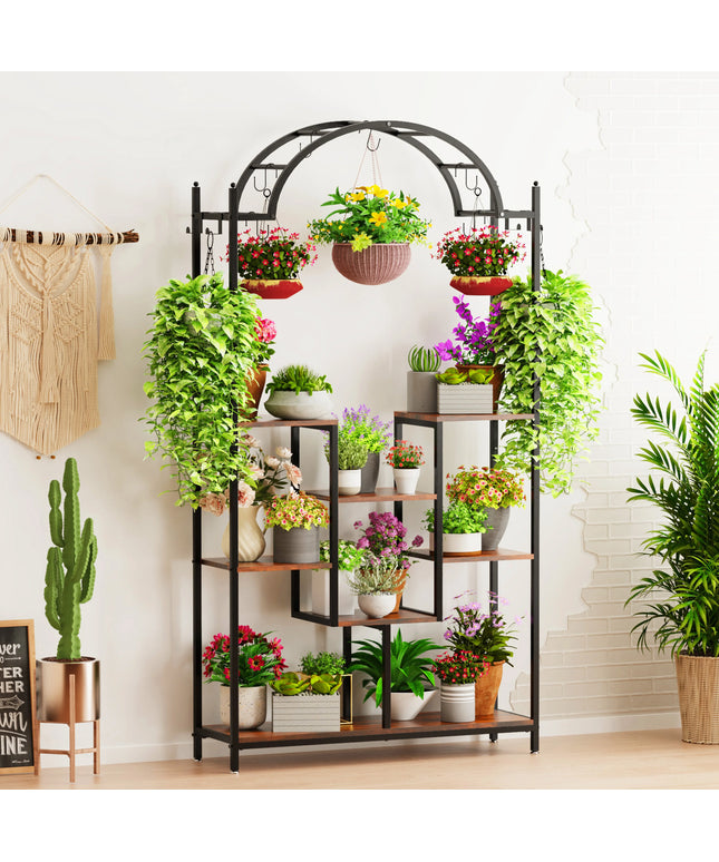 5-Tier Tall Indoor Plant Stand, 74.8'' Arched Metal Flower Shelf with Hanging Hooks, Large Bonsai Pots Display Rack for Garden