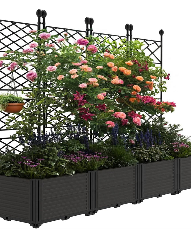Plastic Plant Box with Metal Trellis, Raised Garden Bed with Trellis Planter for Climbing Plant Outdoor Raised Box Privacy Scree