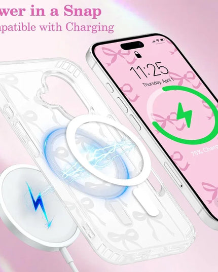 UEEBAI Magnetic for iPhone 16 Case Bow Case Compatible with MagSafe Wirel Slim Clear Ribbon Aesthetic Phone Cover AntiYellowing