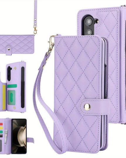 PU Leather Flip Wallet Case For Samsung Galaxy Z Fold 6 5 4 3 5G With Holder Crossbody Wrist Strap Card Slot Stand Phone Cover